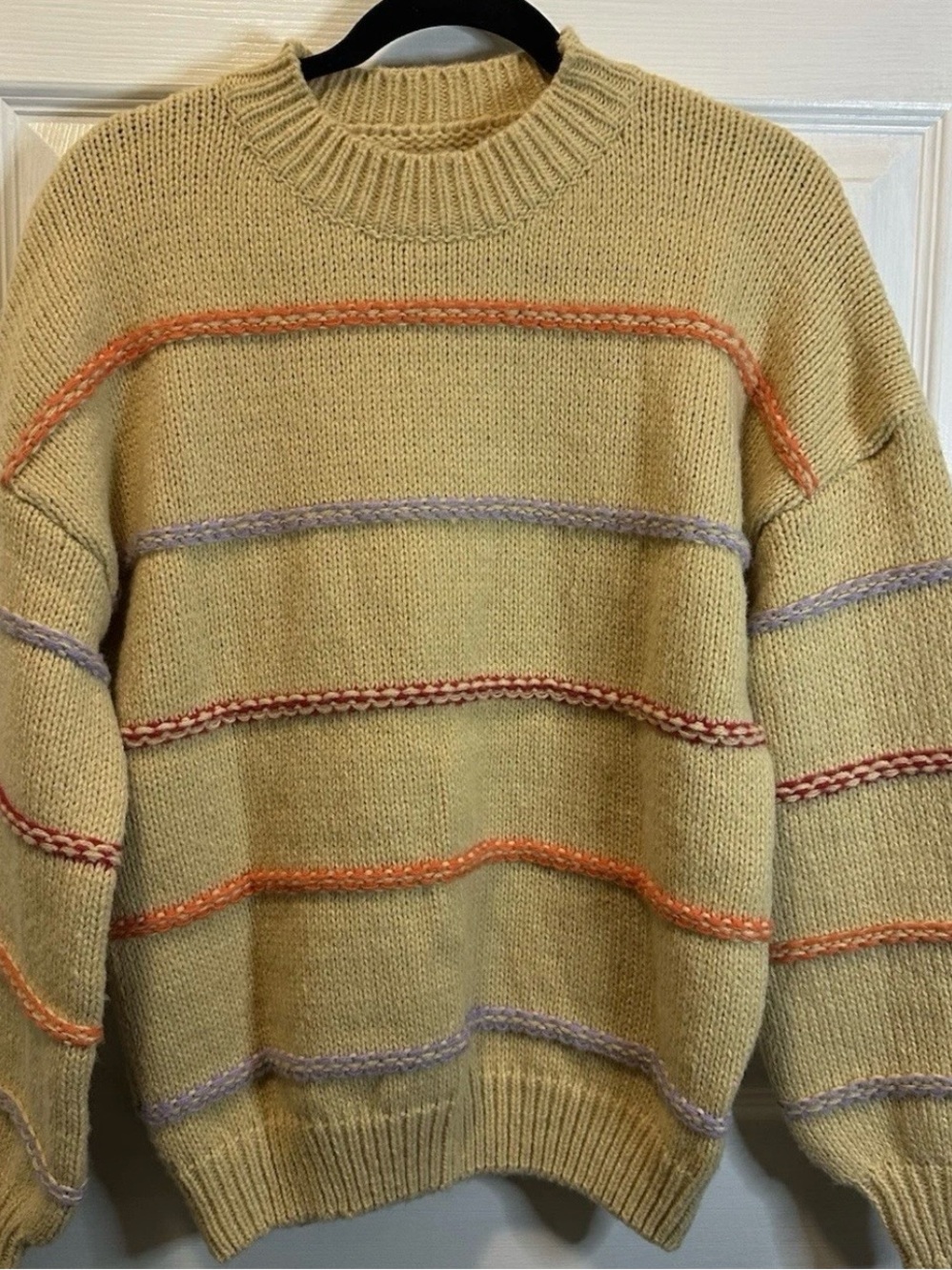 Fisherman’s Knit Sweater Khaki With Colorful Textured Stripes Women’s Size Small
